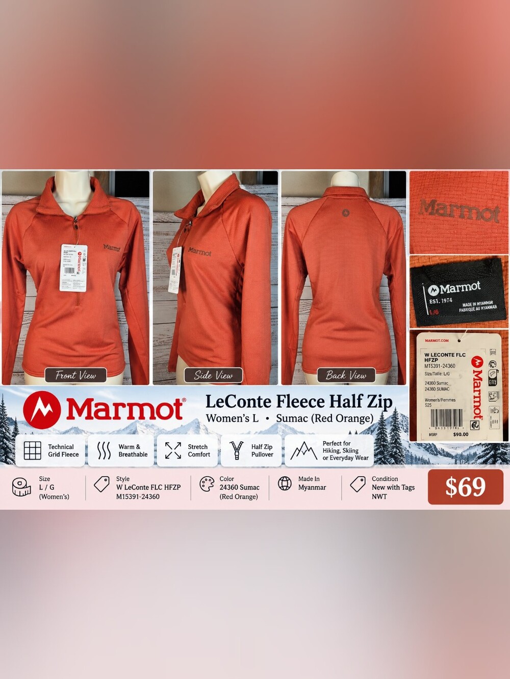 Marmot LeConte Fleece Half Zip Women's L Sumac Grid Fleece Pullover NWT
